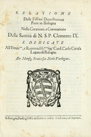 Cover of Relatione delle festiue dimostrationi fatte in Bologna nella creatione e coronatione della Santità di N. S. P. Clemente IX