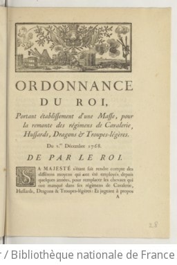 Cover of Ordonnance du roi, portant établissement d'une masse, pour la remonte des régimens de cavalerie, hussards, dragons & troupes-légères . Du 1er décembre 1768