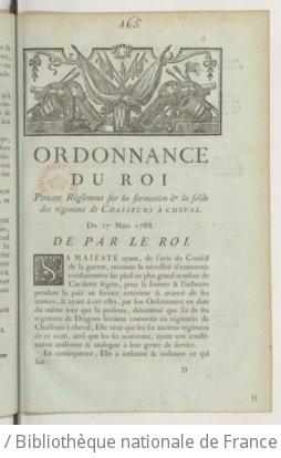 Cover of Ordonnance du Roi, portant règlement sur la formation & la solde des régimens de chasseurs à cheval . Du 17 mars 1788