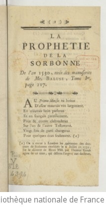 Cover of La Prophétie de la Sorbonne, de l'an 1530, tirée des manuscrits de M. Baluse, tome Ier, p. 117