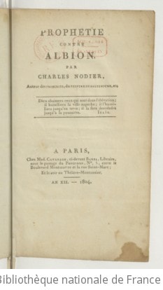 Cover of Prophétie contre Albion, par Charles Nodier