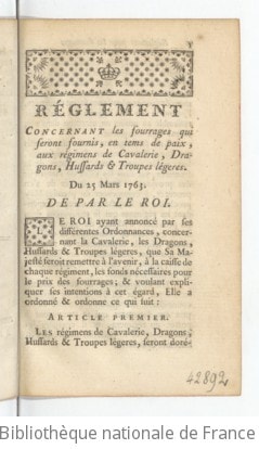 Cover of Réglement concernant les fourrages qui seront fournis, en tems de paix, aux régimens de cavalerie, dragons, hussards & troupes légeres. Du 25 mars 1763
