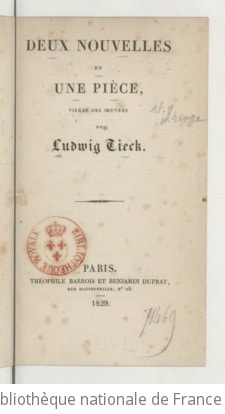Cover of Deux nouvelles [Amour et magie, Egbert le Blond] et une pièce [Le Chat botté], tirées des oeuvres de Ludwig Tieck