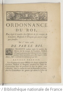 Cover of Ordonnance du Roi pour régler le nombre des officiers de ses troupes de cavalerie, hussards et dragons qui auront congé par semestre