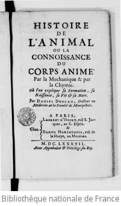 Cover of Histoire de l'animal, ou la Connaissance du corps animé par la méchanique et par la chymie, par Daniel Duncan