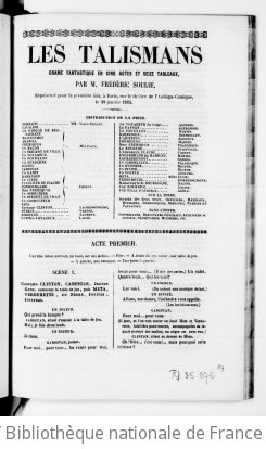 Cover of Les Talismans, drame fantastique en 5 actes et 16 tableaux, par M. Frédéric Soulié. [Paris, Ambigu-comique, 30 janvier 1845.]