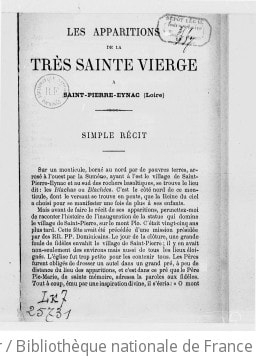 Cover of Les apparitions de la Très Sainte Vierge à Saint-Pierre Eynac (Loire). Simple récit