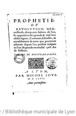 Cover of Prophetie, ou revolution, merveilleuse, des quatre saisons de l'an qui pourront advenir depuis l'an present jusques en l'an de grande mortalité 1568, an de bissexte
