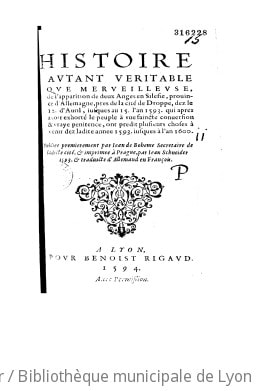 Cover of Histoire autant veritable que merveilleuse de l'apparition de deux Anges en Silesie... dez le 12 d'avril, jusques au 15 l'an 1593, qui ont predit plusieurs choses jusques à l'an 1600