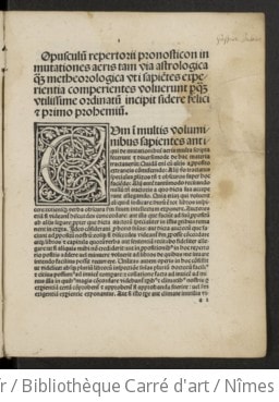 Cover of Opusculum repertorii prognosticon in mutationes aeris.. Hyppocratis libellus de medicorum astrologia a Petro de Abano in latinum traductus