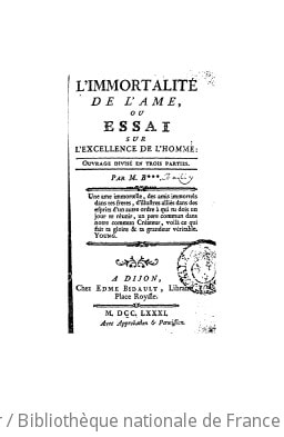 Cover of L'immortalité de l'âme, ou Essai sur l'excellence de l'homme