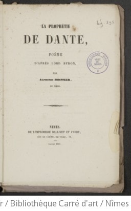 Cover of La Prophétie de Dante, poème d'après lord Byron, par Alphonse Boissier