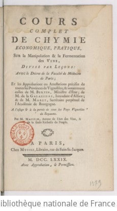 Cover of Cours complet de chymie economique, pratique, sur la manipulation & la fermentation des vins... par M. Maupin