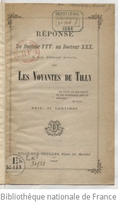 Cover of Réponse du docteur YYY. au docteur XXX. à son dernier article sur les voyantes de Tilly