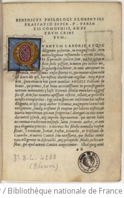 Cover of Terentius in sua metra restitutus. - ("Au v° du titre" :) Petri Bargetani ad Terentium pro sua recognitione endecasyllabon. - ("Sign. aii, r°" :) Benedicti Philologi Florentini Praefatio super P. Terentii comoediis, ad Petrum Crinitum. - ("Sign. aii, v°" :) De Comoedia. - ("Sign. a [7,] r°" :) De Metro iambico. - ("Sign. aaii, r°" :) Pub. Terentii vita, ex libro primo Petri Criniti de Poetis latinis. - ("Sign. aa [3,] r°" :) [Errata.] - ("Sign. aa [4,] v°" :) Fabulae interlocutores. - ("Sign. b, r°" :) Andria Terenti