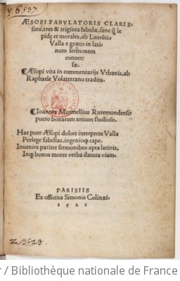 Cover of tres et triginta fabulae... ab Laurentio Valla e graeco in latinum sermonem conversae. Aesopi vita... ab Raphaele Volaterrano tradita