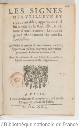 Cover of Les signes merveilleux et espouventables apparus au ciel sur la ville de La Rochelle , le 28. jour d'avril dernier