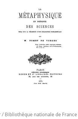 Cover of La métaphysique en présence des sciences