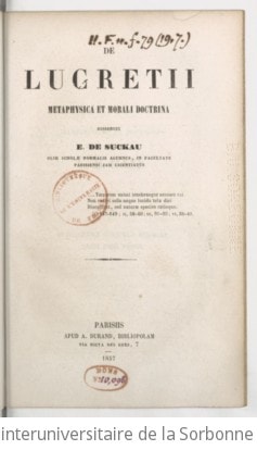 Cover of De Lucretii metaphysica et morali doctrina, disseruit E. de Suckau