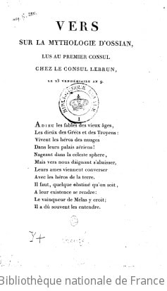 Cover of Vers sur la mythologie d'Ossian , lus au premier Consul chez le Consul Lebrun, le 23 vendémiaire an IX