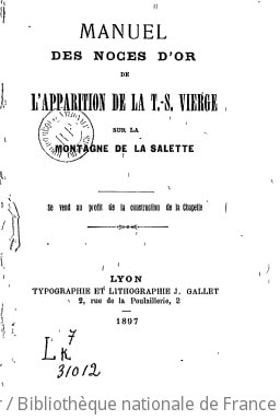 Cover of Manuel des noces d'or de l'apparition de la T.-S. Vierge sur la montagne de la Salette