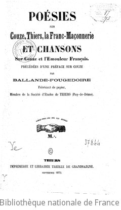 Cover of Poésies sur Couze, Thiers, la Franc-Maçonnerie et chansons sur Couze et l'Émouleur français