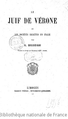 Cover of Le Juif de Vérone, ou les Sociétés secrètes en Italie, par A. Bresciani, traduit et abrégé par Étienne Lamy