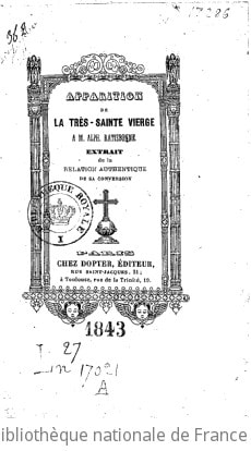 Cover of Apparition de la très-sainte Vierge à M. Alph. Ratisbonne. Extrait de la Relation authentique de sa conversion