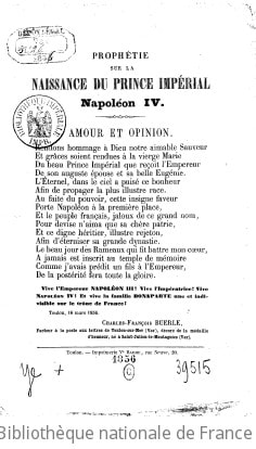Cover of Prophétie sur la naissance du Prince Impérial, Napoléon IV. (Signé