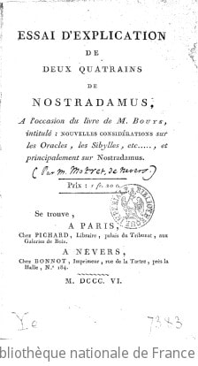 Cover of Essai d'explication de deux quatrains de Nostradamus, à l'occasion du livre de M. Bouys, intitulé