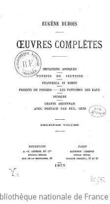 Cover of Oeuvres complètes. Imitations antiques. Poésies de jeunesse. Francesca di Rimini. Projets de poésies. Les fantômes des eaux. Pensées. Chants ardennais, avec préface par Eug. Gens