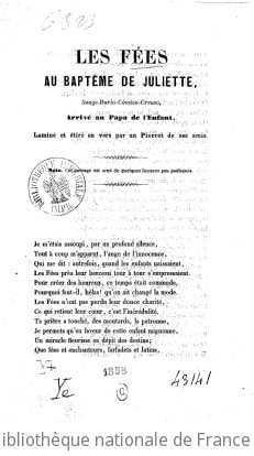 Cover of Les Fées au baptême de Juliette, songe burlo-comico-creuso arrivé au papa de l'enfant, laminé et étiré en vers par un pierrot de ses amis