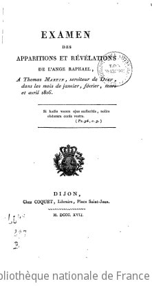 Cover of Examen des apparitions et révélations de l'ange Raphaël à Thomas Martin