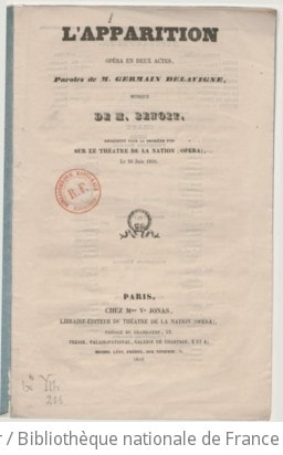 Cover of L'Apparition, opéra en 2 actes, paroles de M. Germain Delavigne, musique de M. Benoît. (Paris, Théâtre de la Nation [Opéra], 16 juin 1848.)