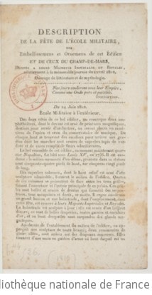 Cover of Description de la fête de l'École militaire, des embellissemens et ornemens de cet édifice et de ceux du Champ-de-Mars , donnée à Leurs Majestés impériales et royales, relativement à la mémorable journée du 2 avril 1810. Ouvrage de littérature et de mythologie
