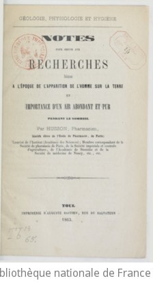 Cover of Notes pour servir aux recherches relatives à l'époque de l'apparition de l'homme sur la terre, et importance d'un air abondant et pur pendant le sommeil