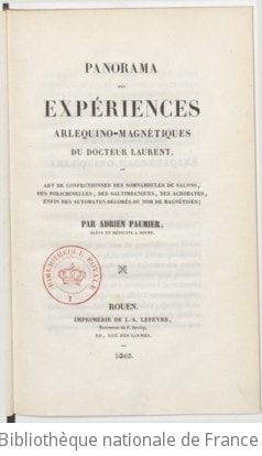 Cover of Panorama des expériences arlequino-magnétiques du Dr Laurent, ou Art de confectionner des somnambules de salons, des polichinelles, des saltimbanques, des acrobates, enfin des automates décorés du nom de magnétisés, par Adrien Paumier
