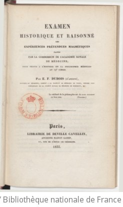 Cover of Examen historique et raisonné des expériences prétendues magnétiques faites par la commission de l'Académie royale de médecine