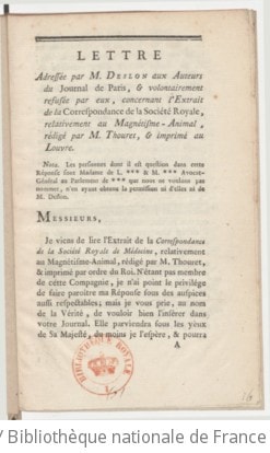 Cover of Lettre adressée par M. Deslon aux auteurs du "Journal de Paris" et volontairement refusée par eux , concernant l'"Extrait de la correspondance de la Société royale relativement au magnétisme animal" rédigé par M. Thouret et imprimé au Louvre