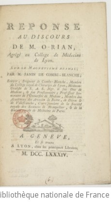 Cover of Réponse au discours de M. O'Rian,... sur le magnétisme animal ; par M. Janin de Combe-Blanche