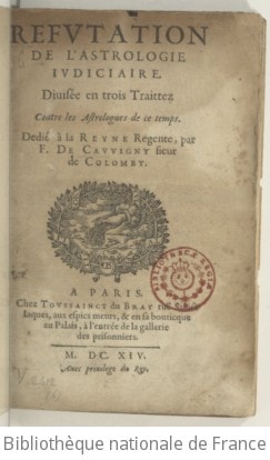 Cover of Réfutation de l'astrologie judiciaire ... par F. de Cauvigny, sieur de Colomby
