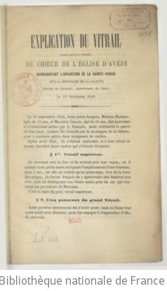 Cover of Explication du vitrail placé dans la croisée du choeur de l'église d'Avézé, représentant l'apparition de la sainte Vierge sur la montagne de La Salette... le 19 septembre 1846