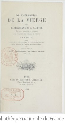 Cover of De l'apparition de la Vierge sur la montagne de la Salette