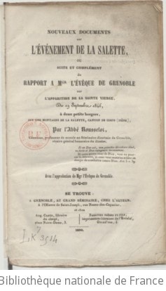 Cover of Nouveaux documents sur l'événement de la Salette, ou Suite et complément du rapport à Mgr l'évêque de Grenoble sur l'apparition de la sainte Vierge, du 19 septembre 1846, à deux petits bergers, sur une montagne de la Salette, canton de Corps (Isère)
