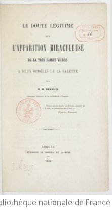 Cover of Le doute légitime sur l'apparition miraculeuse de la très Sainte Vierge à deux bergers de La Salette