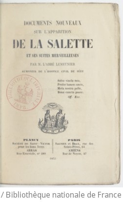 Cover of Documents nouveaux sur l'apparition de la Salette et ses suites merveilleuses, par M. l'abbé Lemeunier