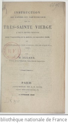 Cover of Instruction en forme de catéchisme par la très sainte Vierge à deux jeunes bergers dans l'apparition de La Salette