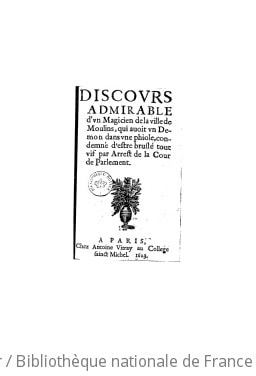 Cover of Discours admirable d'un magicien de la ville de Moulins, qui avoit un demon dans une phiole... (Reprod.)