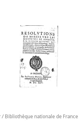 Cover of Résolutions de Messieurs les docteurs de Sorbone sur plusieurs questions qui concernent le crime de sortilège... (Reprod.)