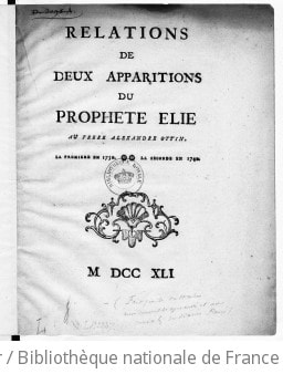Cover of Relations de deux apparitions du prophète Élie au Frère Alexandre Ottin, la première en 1730, la seconde en 1740